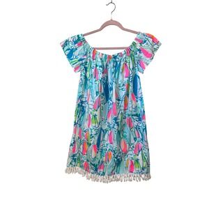 Lilly Pulitzer Off The Shoulder Dress Sailboat Print Tassel Trim Size M
